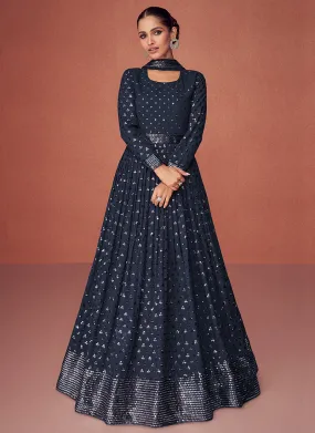 Dark Blue Sequence Embroidery Georgette Anarkali Gown