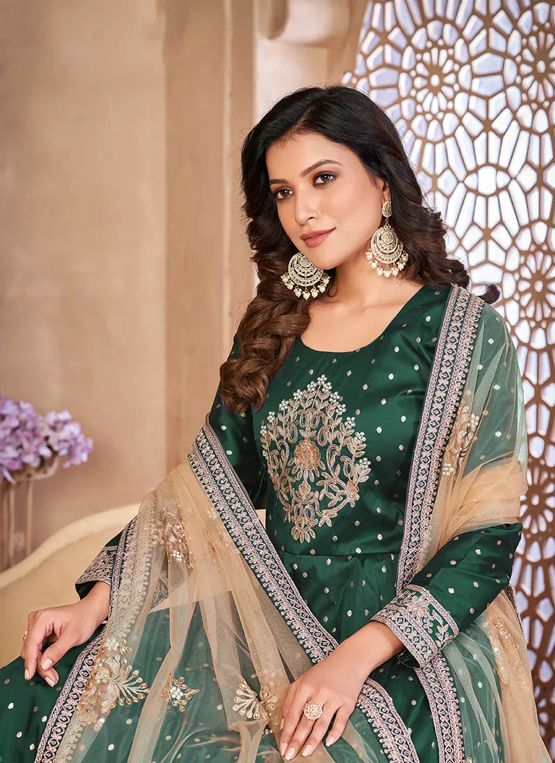 Dark Green Handwork Embroidery Silk Anarkali Suit