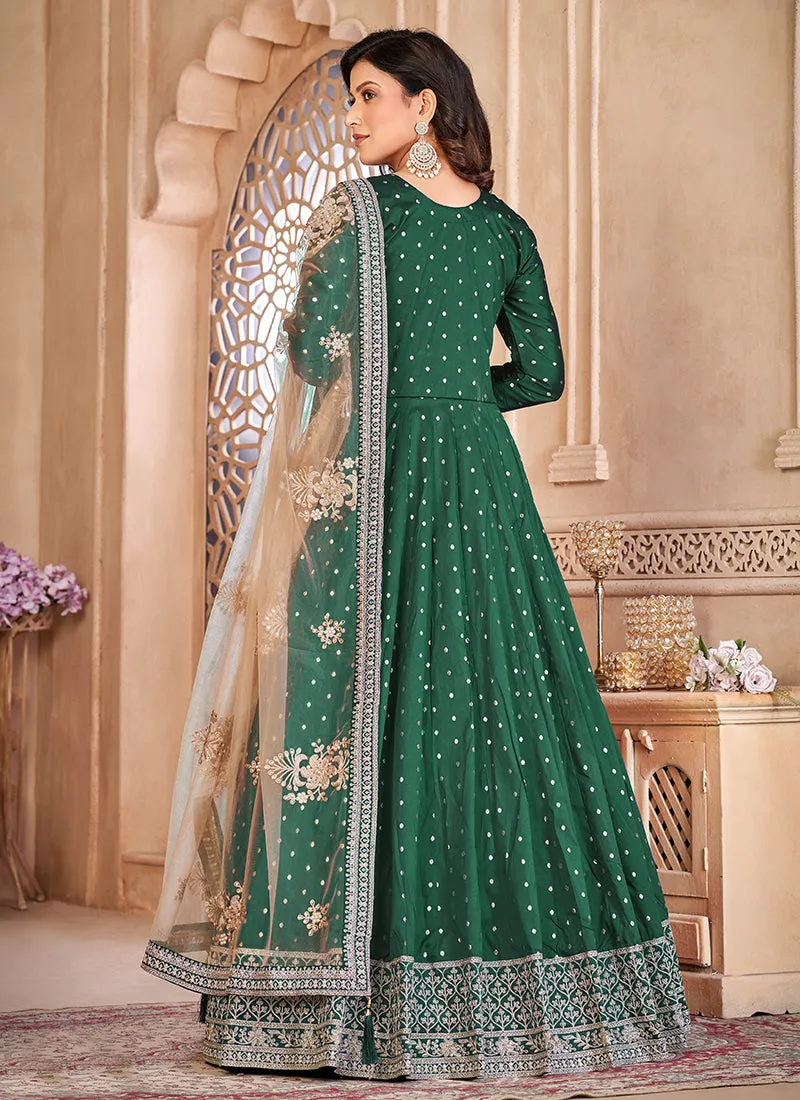 Dark Green Handwork Embroidery Silk Anarkali Suit