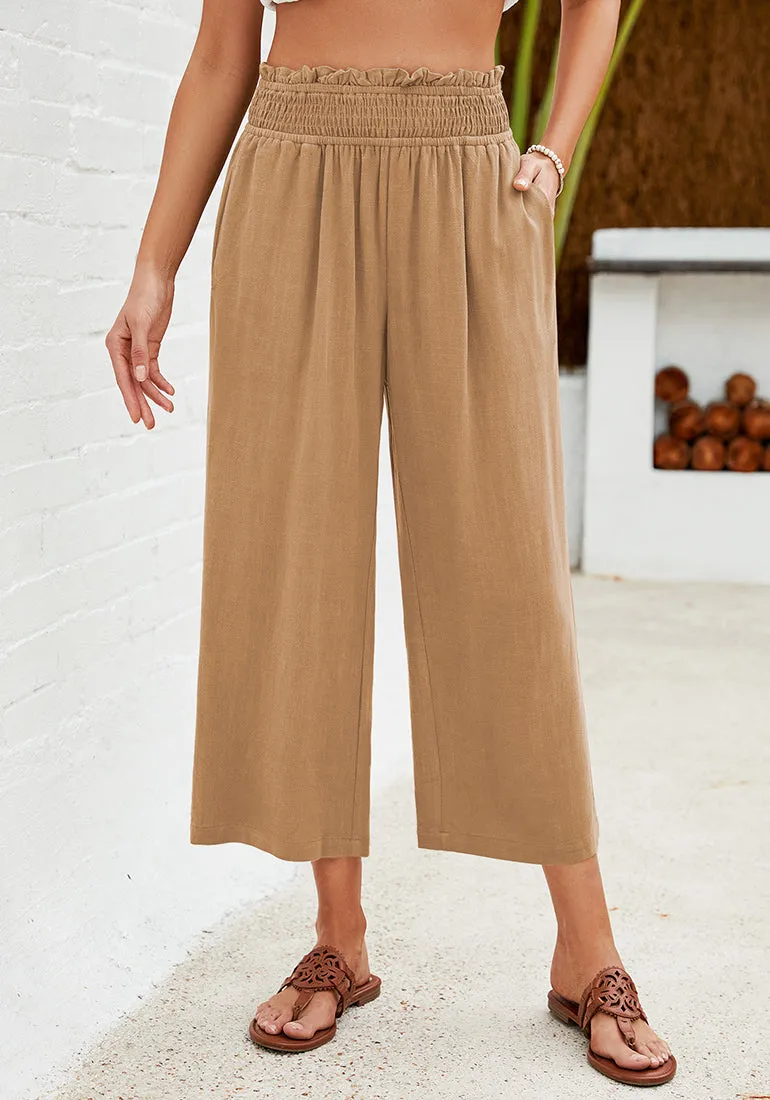 Dark Khaki Women's High Waisted Wide Leg Elastic Waist Linen Palazzo Pants Pull On Smock Waist Baggy Fit Trousers