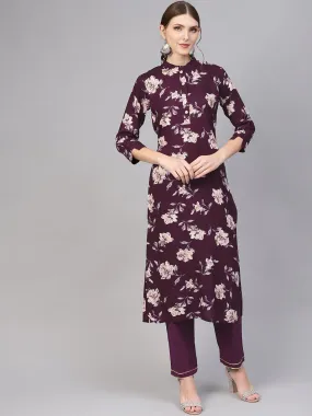 Dark Purple Floral Printed Straight Kurta With Straight Pants