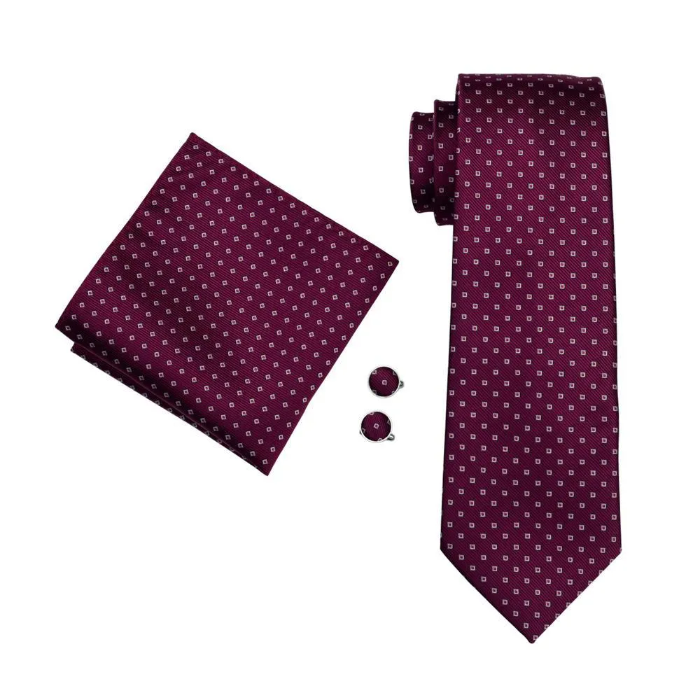 Dark Red Polka Dot Men's Tie Pocket Square Cufflinks Set Gift Box Set