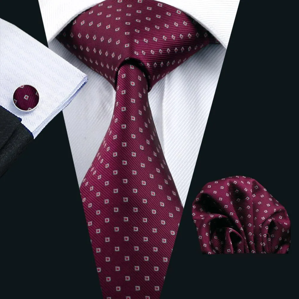 Dark Red Polka Dot Men's Tie Pocket Square Cufflinks Set Gift Box Set