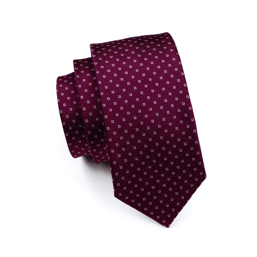 Dark Red Polka Dot Men's Tie Pocket Square Cufflinks Set Gift Box Set