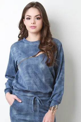 Denim Print Zipper Trim Long Sleeves Sweatshirt