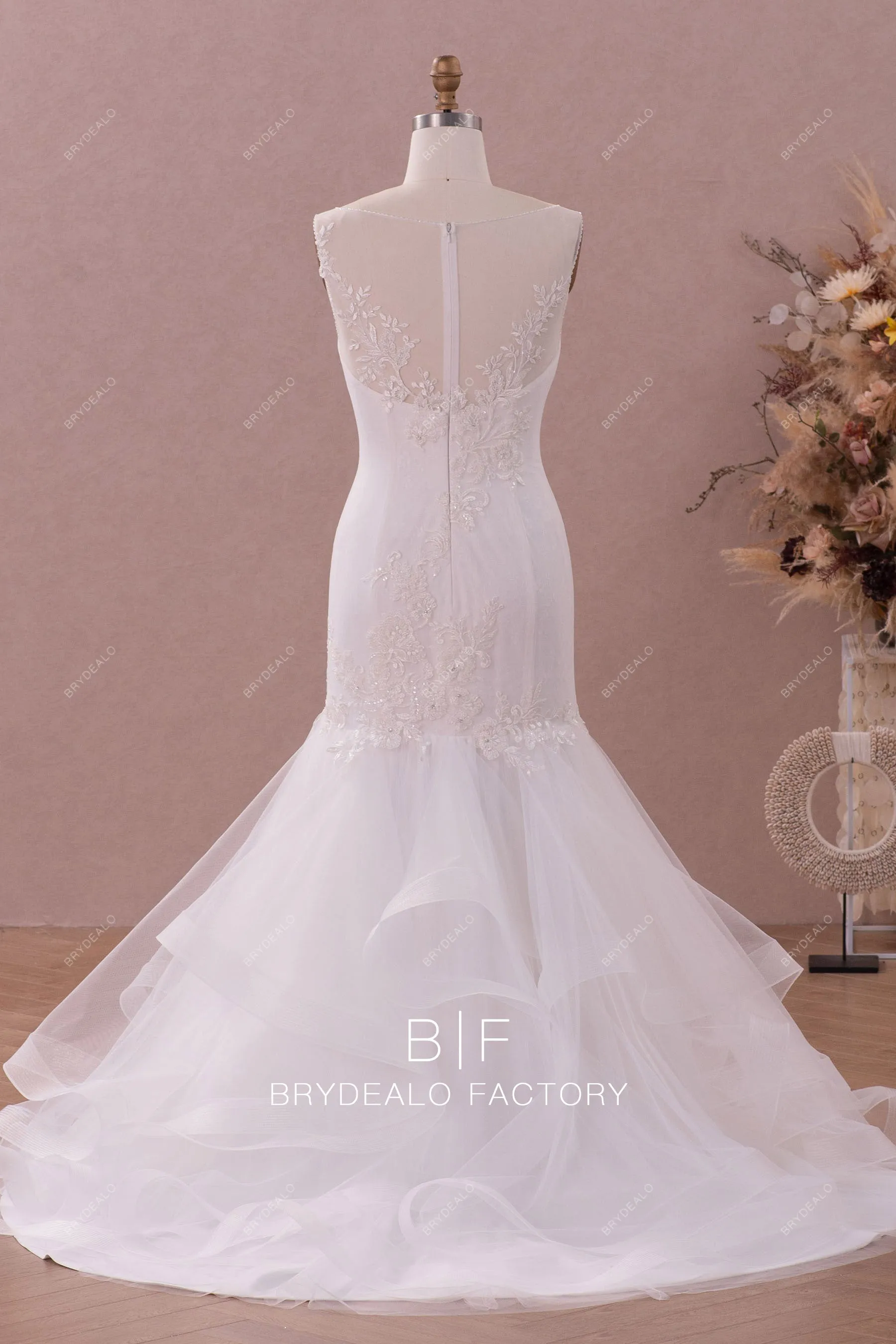 Designer Beaded Lace Ruffled Tulle Dream Trumpet Wedding Dress