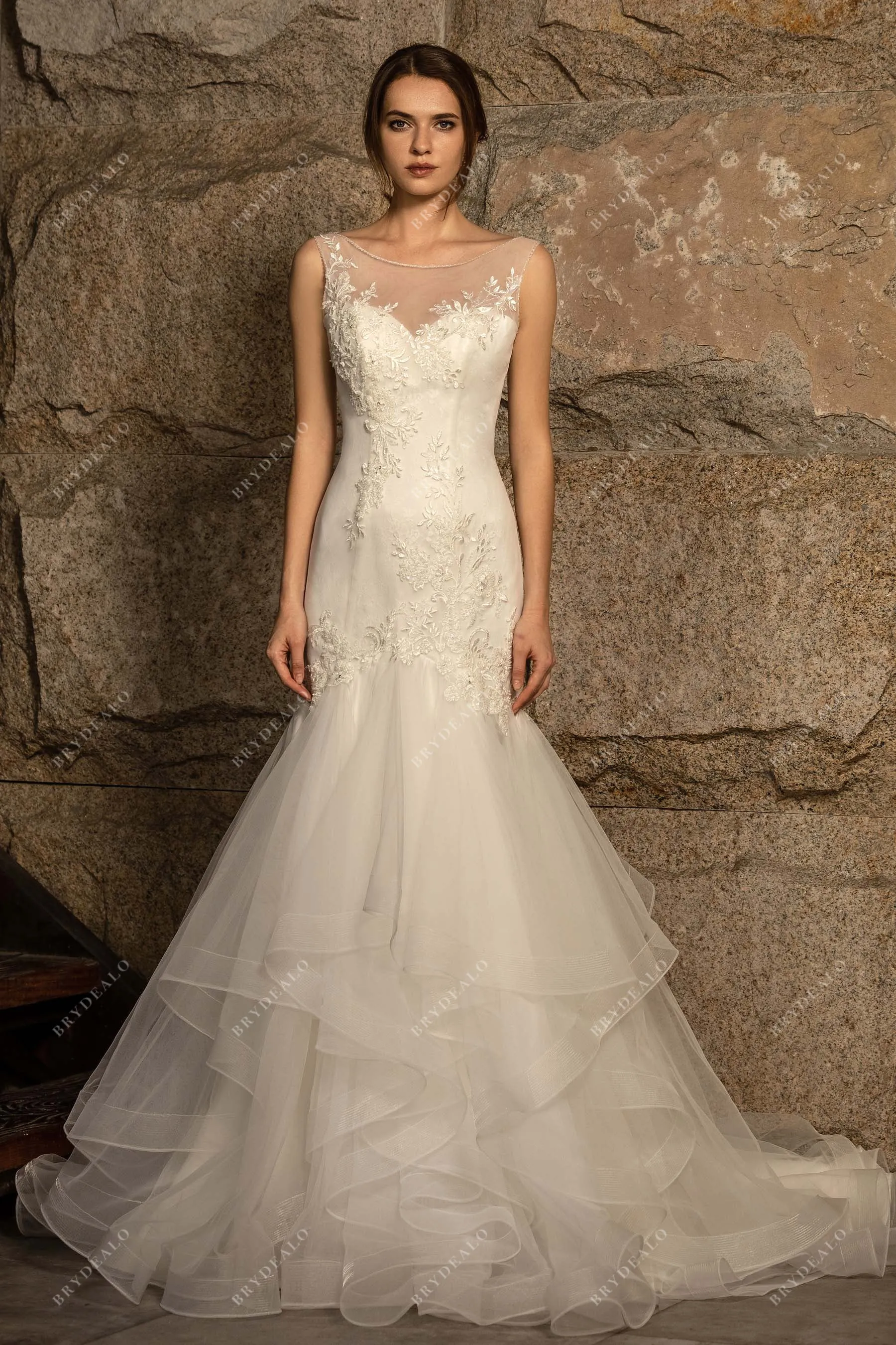 Designer Beaded Lace Ruffled Tulle Dream Trumpet Wedding Dress