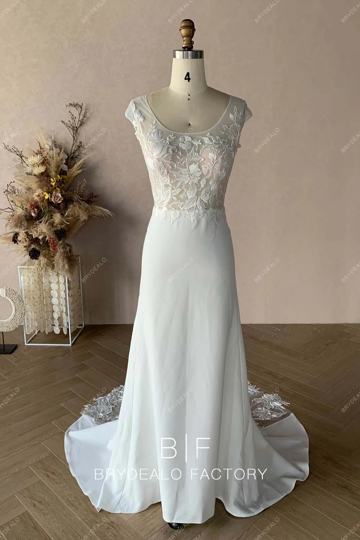 Designer Lace Scoop Neck Crepe Mermaid Illusion Train Bridal Dress