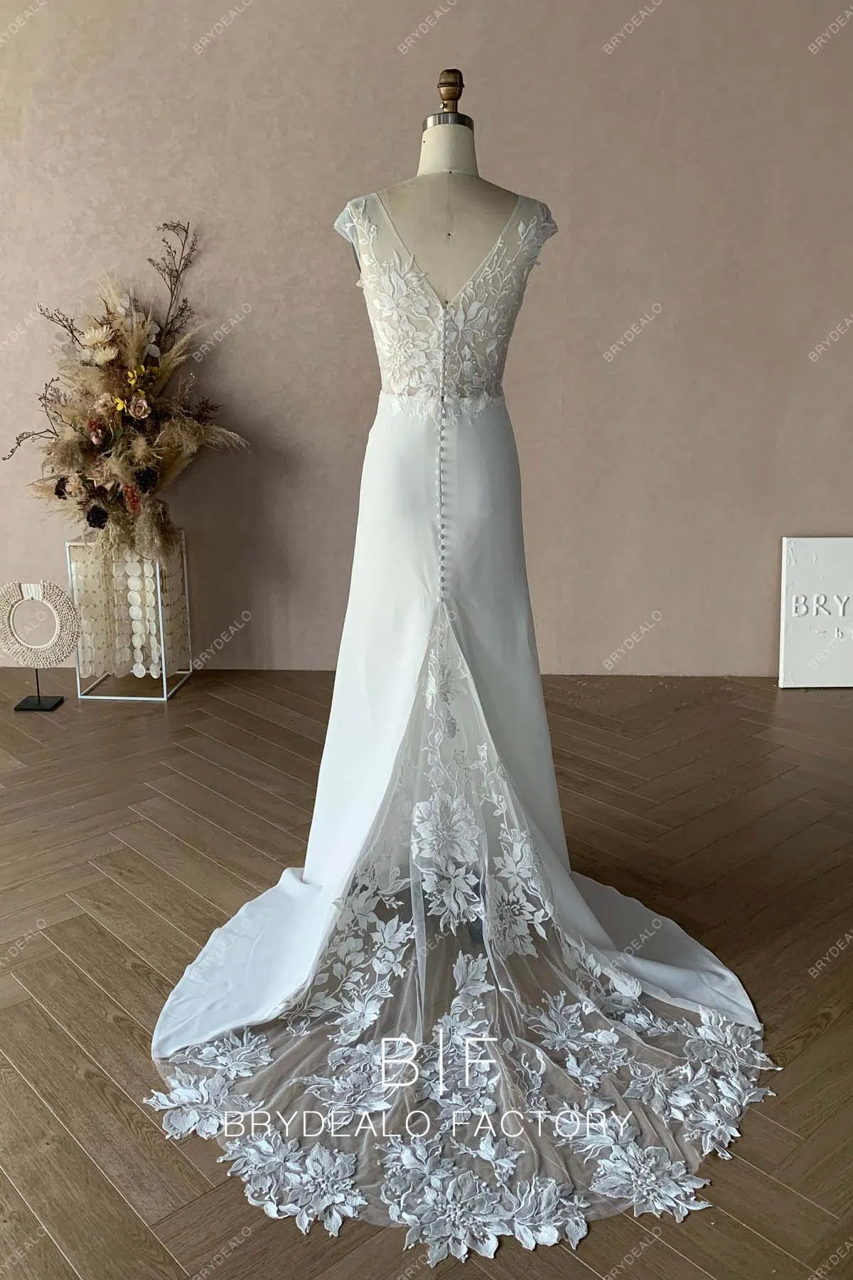 Designer Lace Scoop Neck Crepe Mermaid Illusion Train Bridal Dress