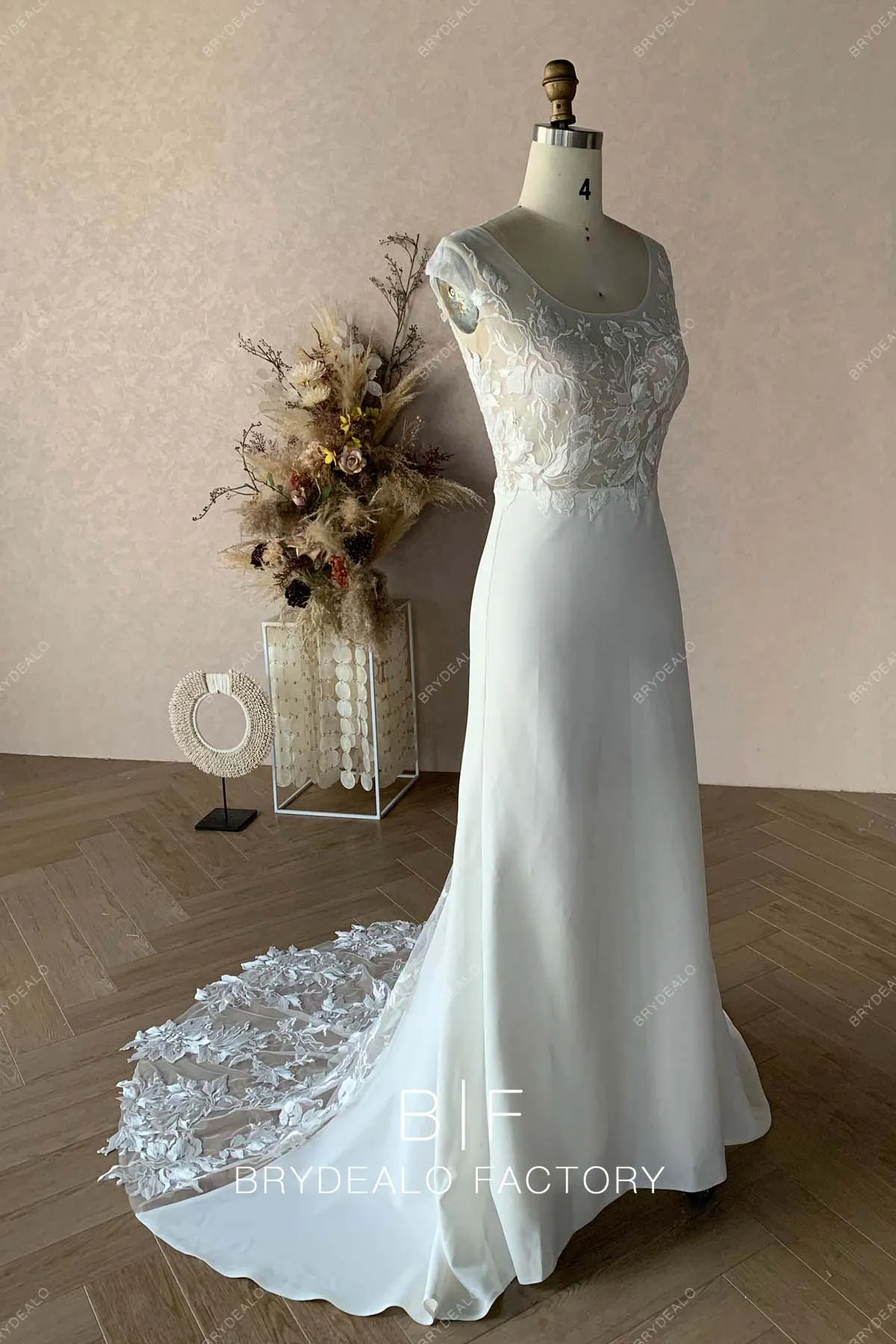 Designer Lace Scoop Neck Crepe Mermaid Illusion Train Bridal Dress