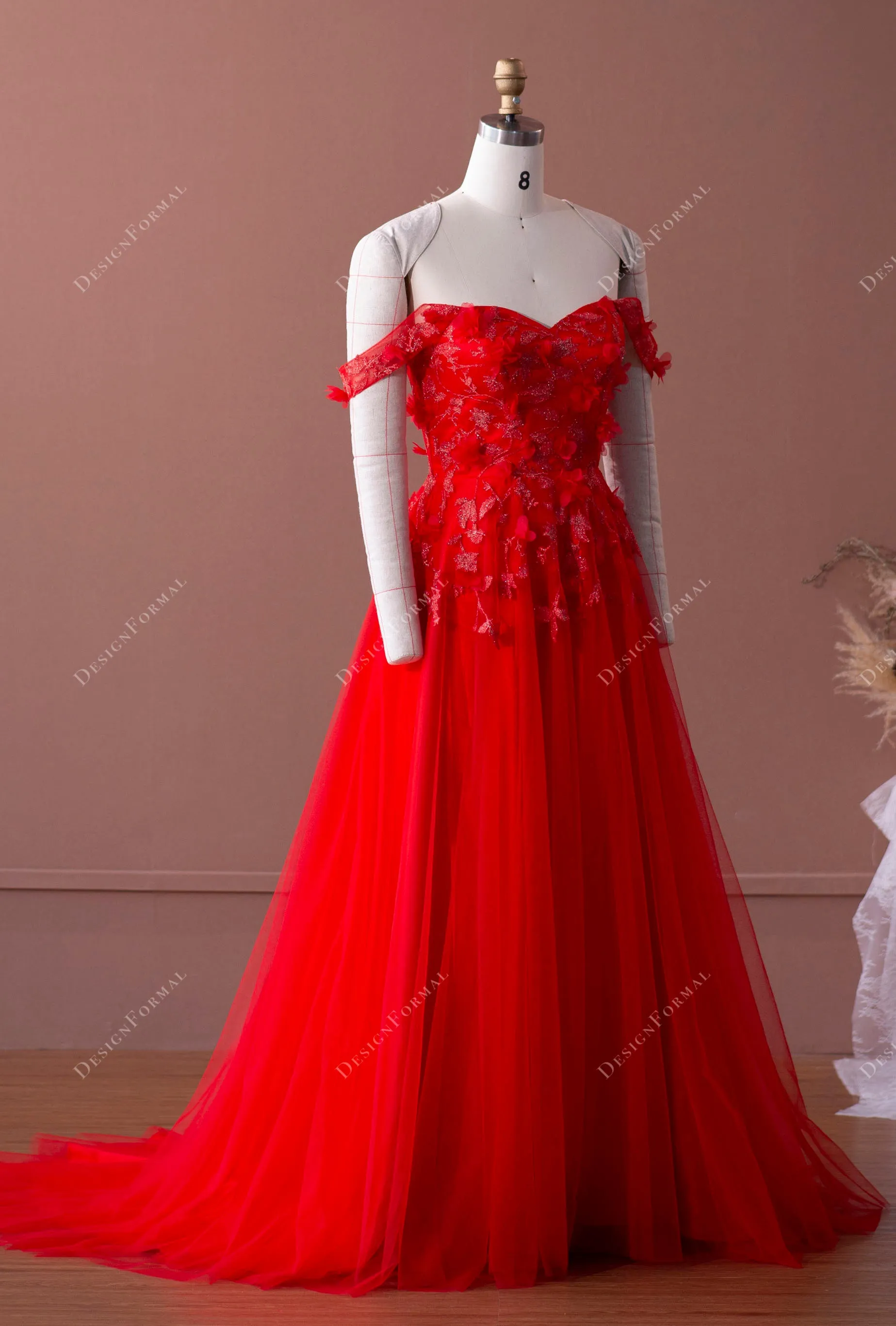 Designer Off-shoulder Fairy Red Lace Tulle A-line Formal Bridal Dress