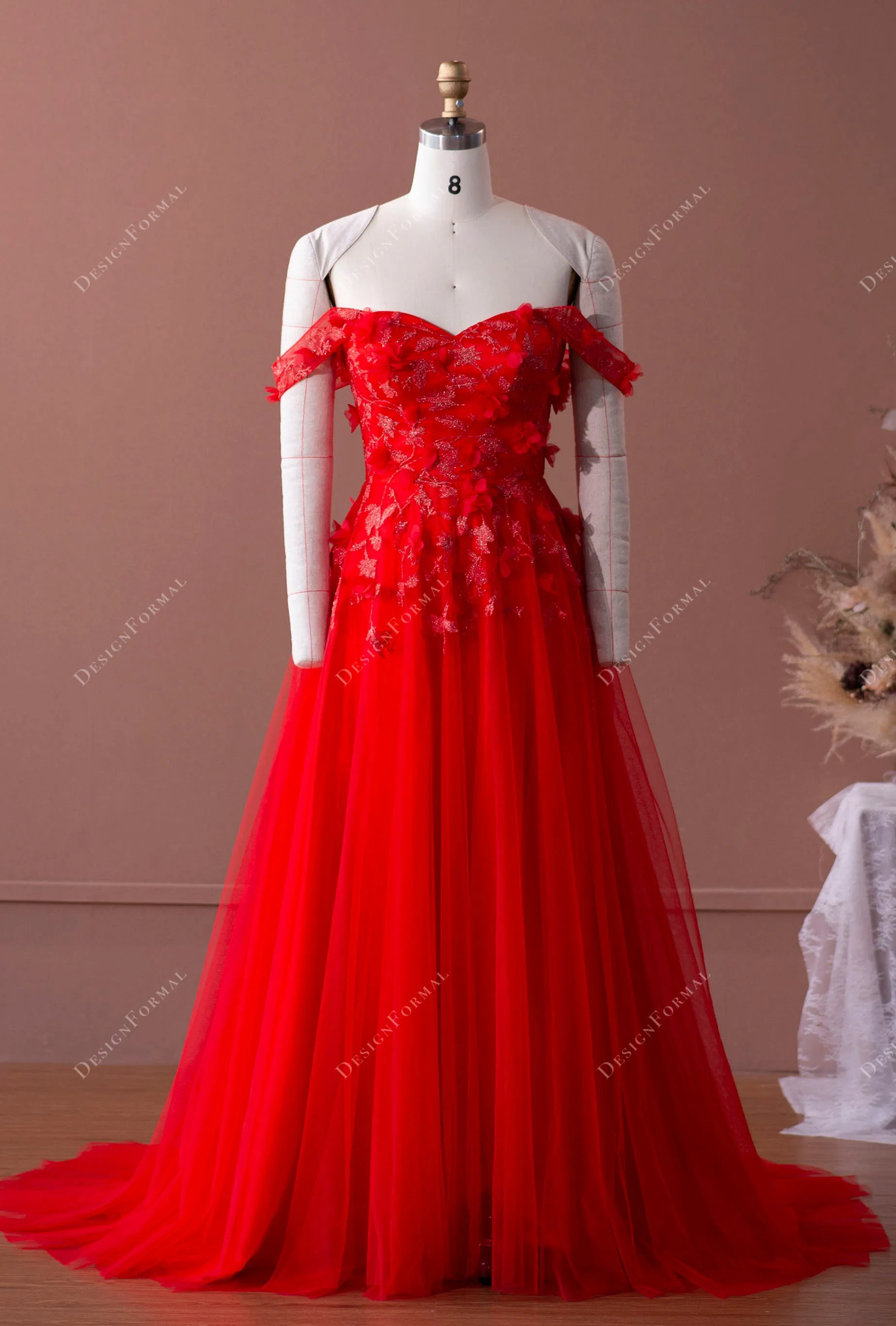 Designer Off-shoulder Fairy Red Lace Tulle A-line Formal Bridal Dress