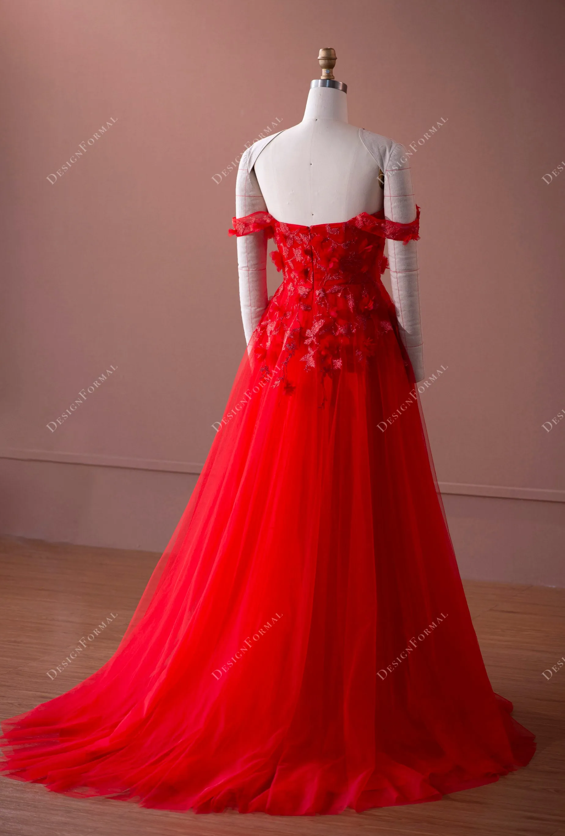 Designer Off-shoulder Fairy Red Lace Tulle A-line Formal Bridal Dress