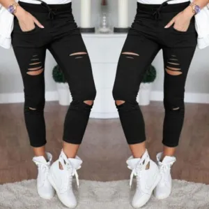 Destroyed Ripped Knees Ankle Length Pencil Denim Jeans