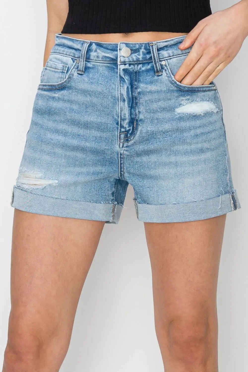 Distressed Mid-Rise Waist Denim Shorts