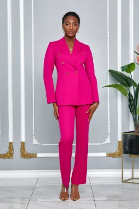 DOUBLE BREASTED BLAZER & PANTS SUIT SET (FUCHSIA)