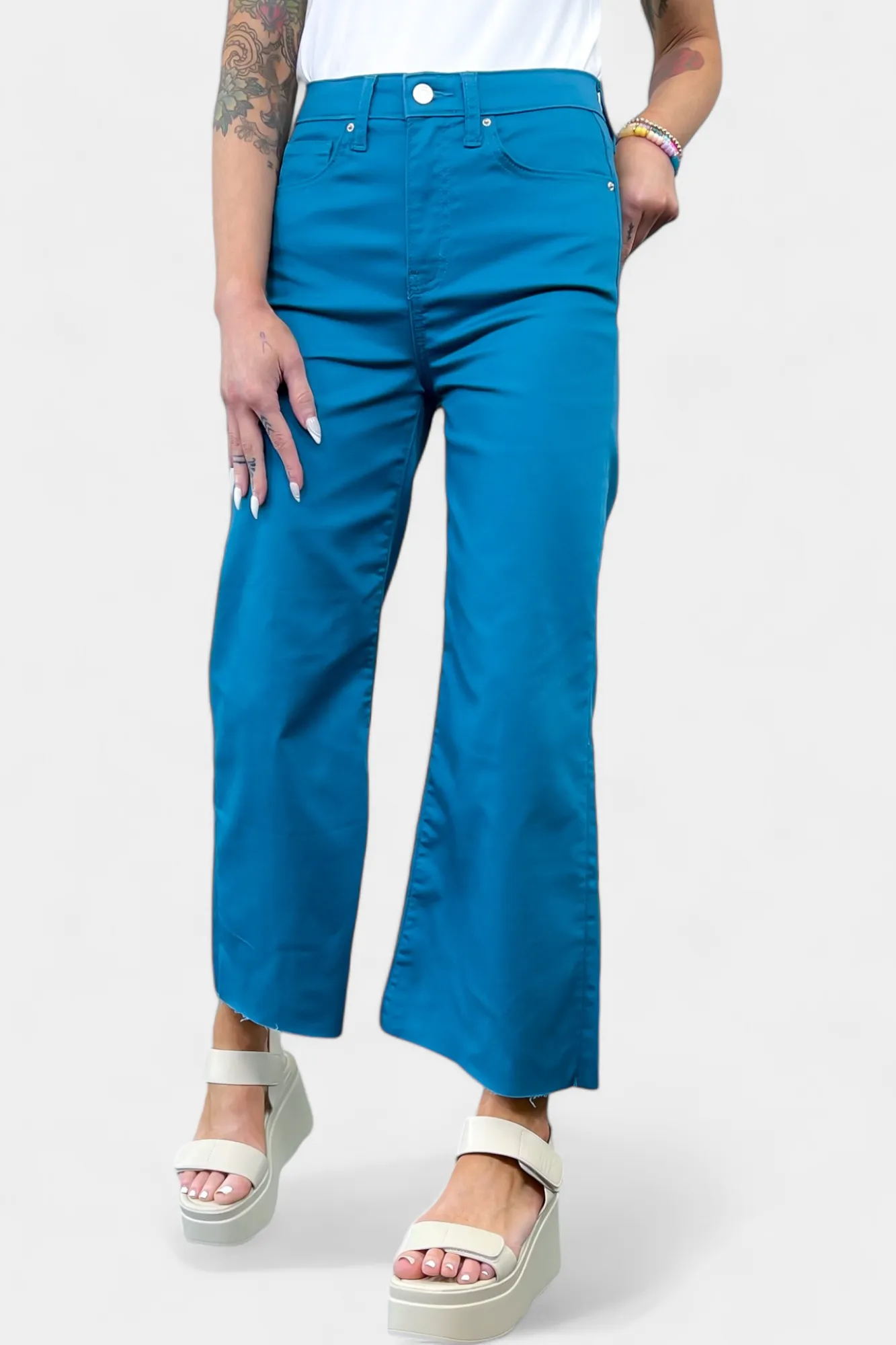 Dusty Teal Flare Cropped Denim Pants