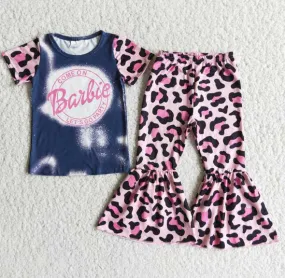 E8-1 Short Sleeve Top Pink Leopard Flared Pants Outfit set