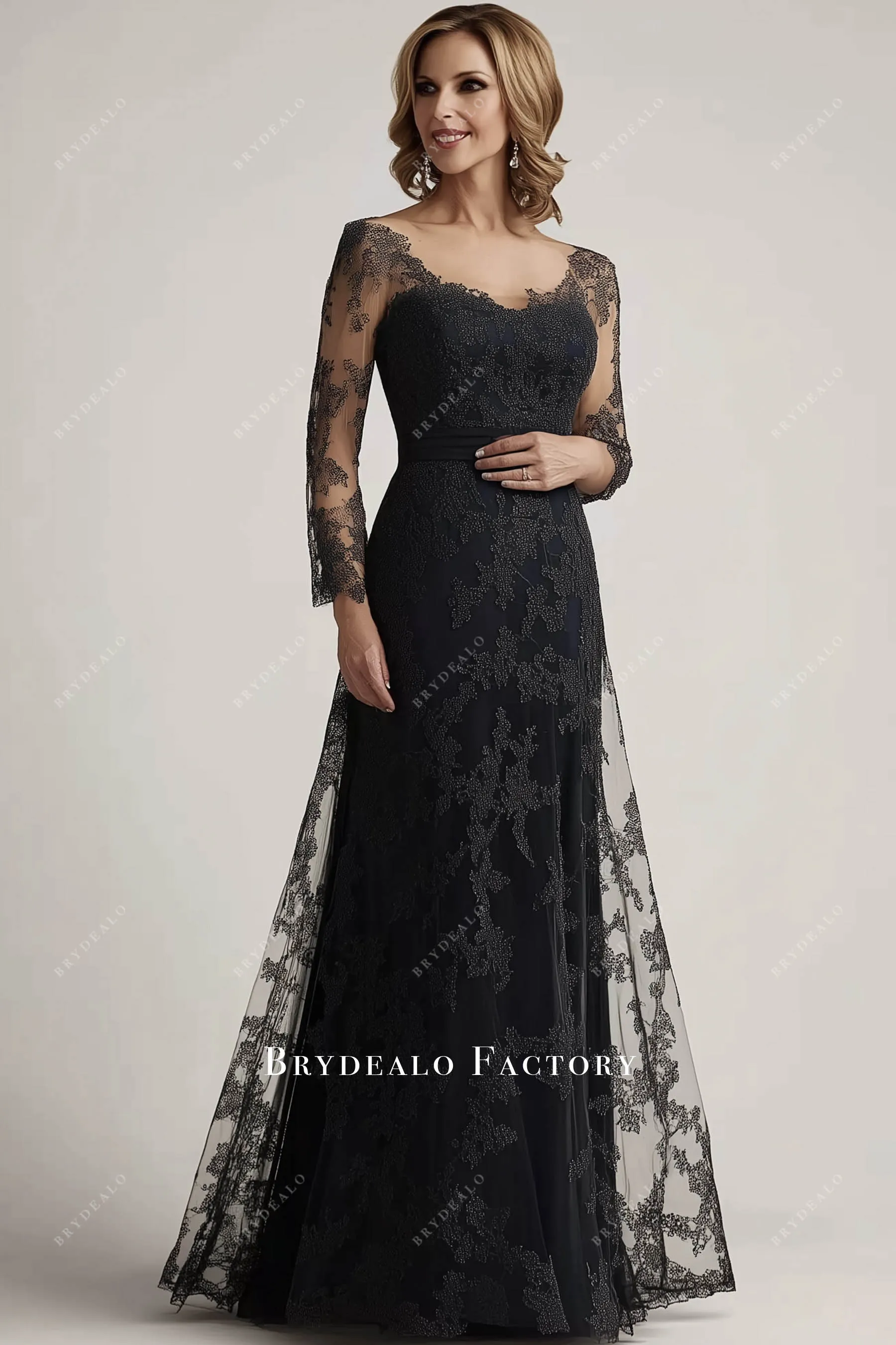 Elegant Black Lace Long Sleeve Mother of Bride Dress