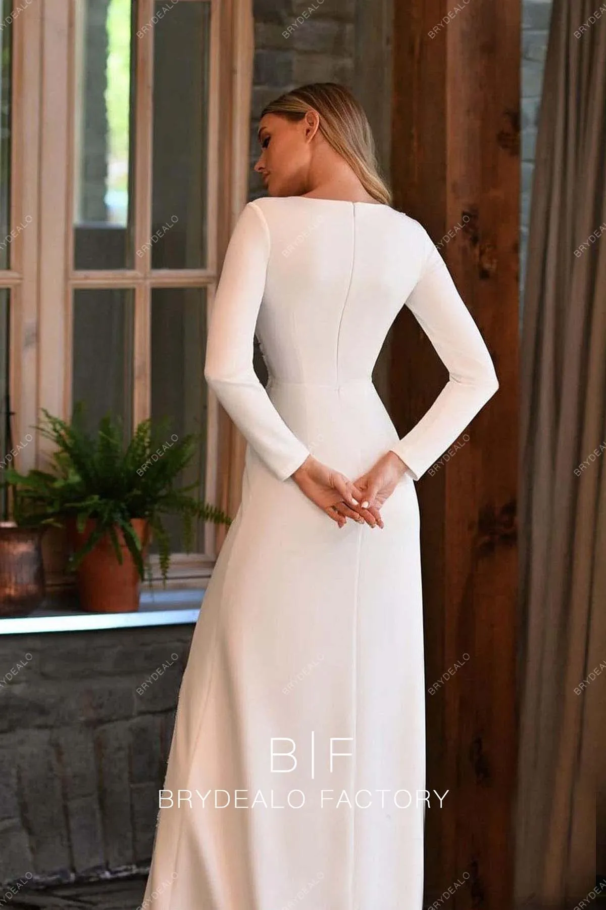 Elegant Long Sleeves Lace Crepe Unique Slim A-line Wedding Dress