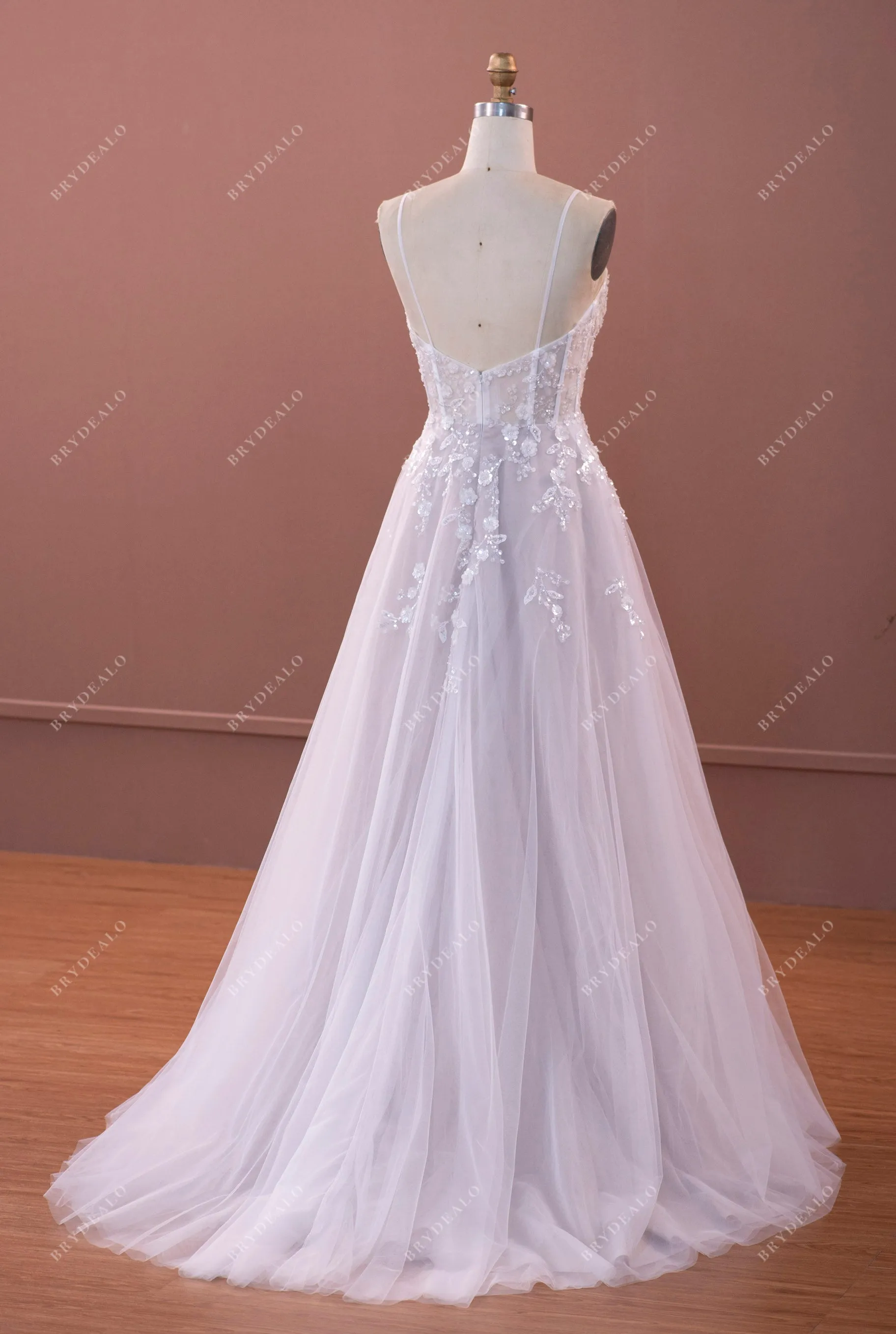 Ethereal Corset Straps Sequined Flower Lace Wedding Dress