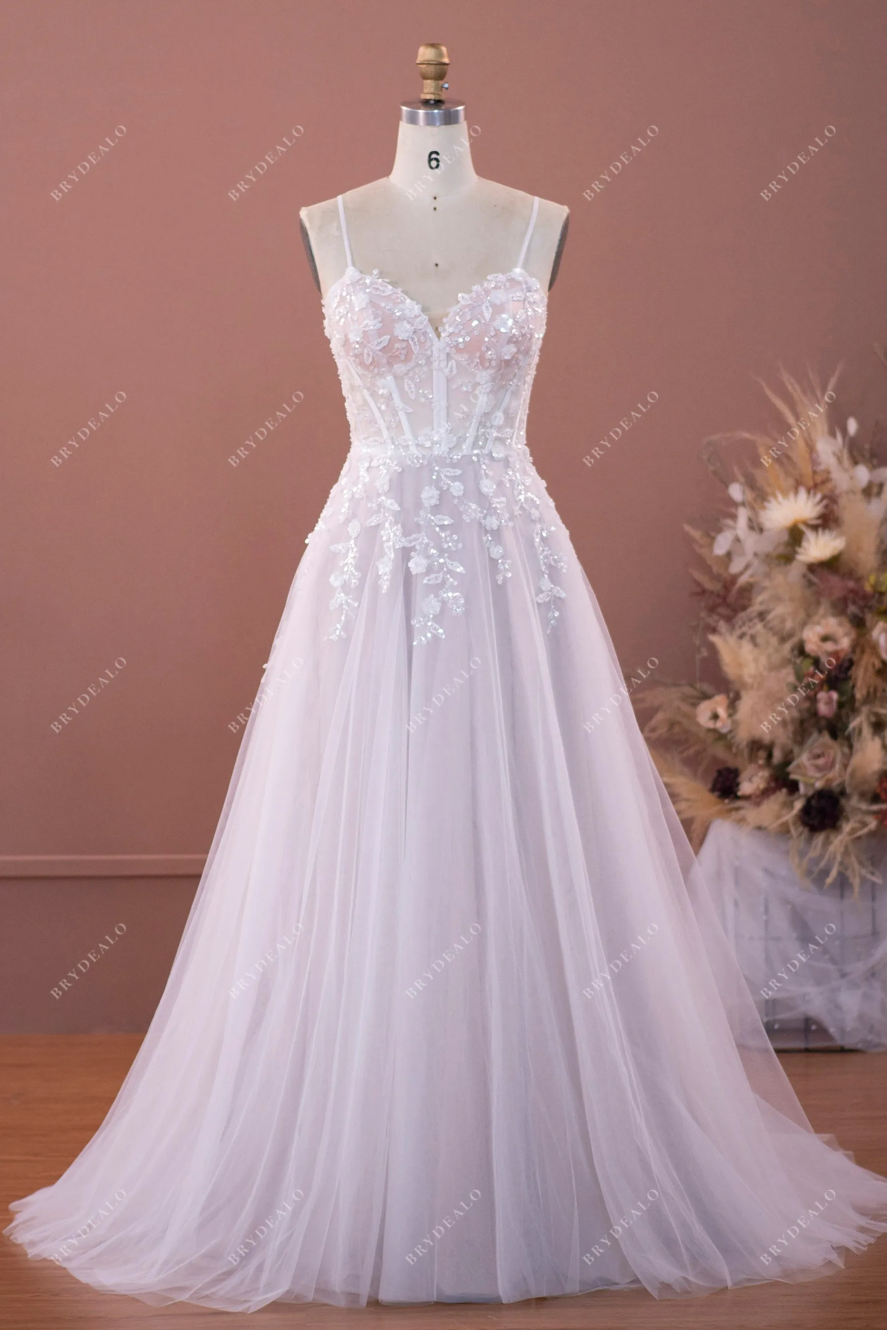 Ethereal Corset Straps Sequined Flower Lace Wedding Dress