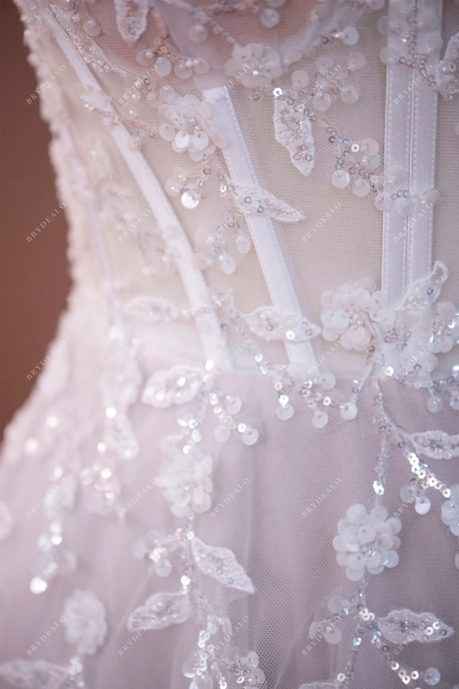 Ethereal Corset Straps Sequined Flower Lace Wedding Dress