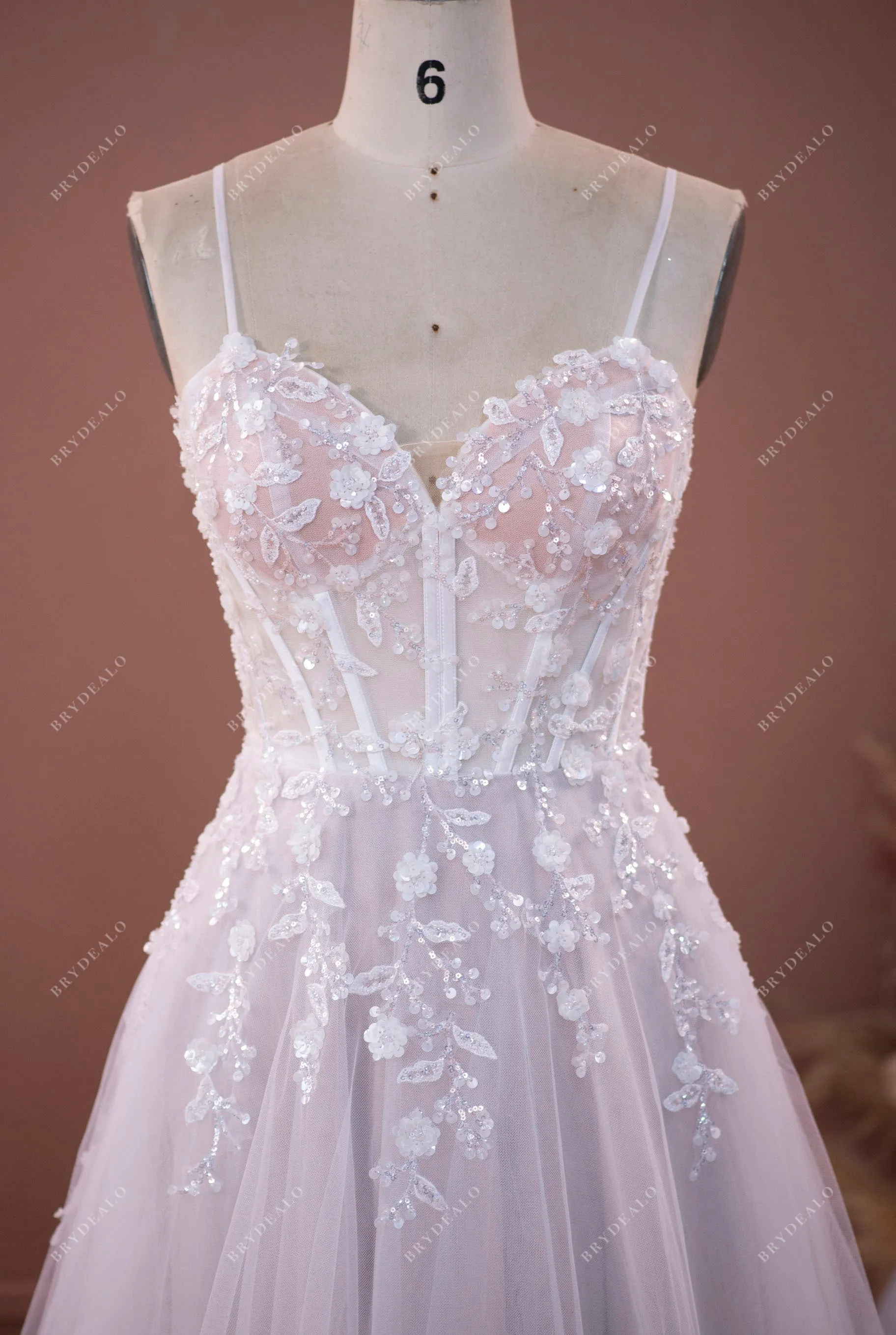 Ethereal Corset Straps Sequined Flower Lace Wedding Dress