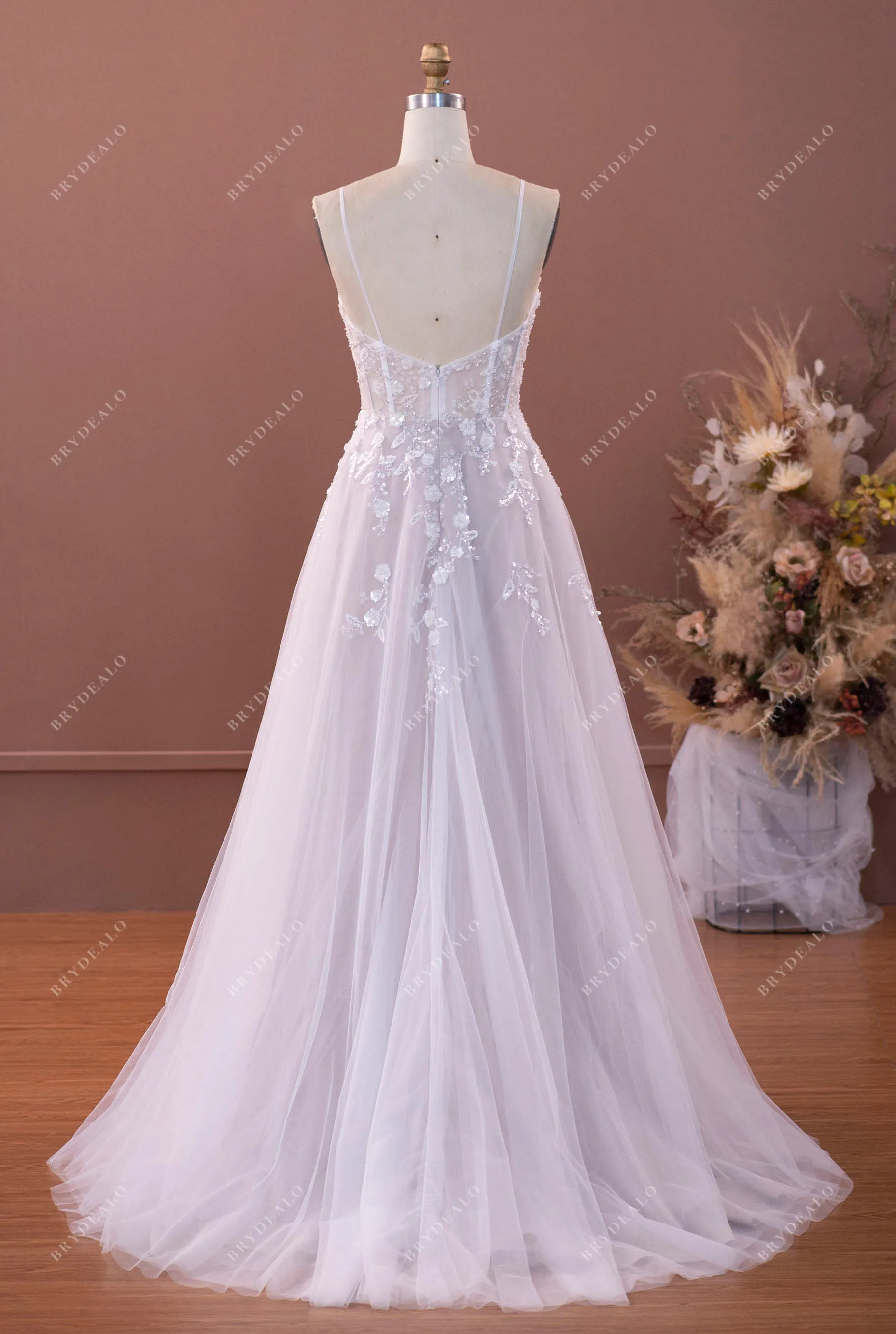 Ethereal Corset Straps Sequined Flower Lace Wedding Dress