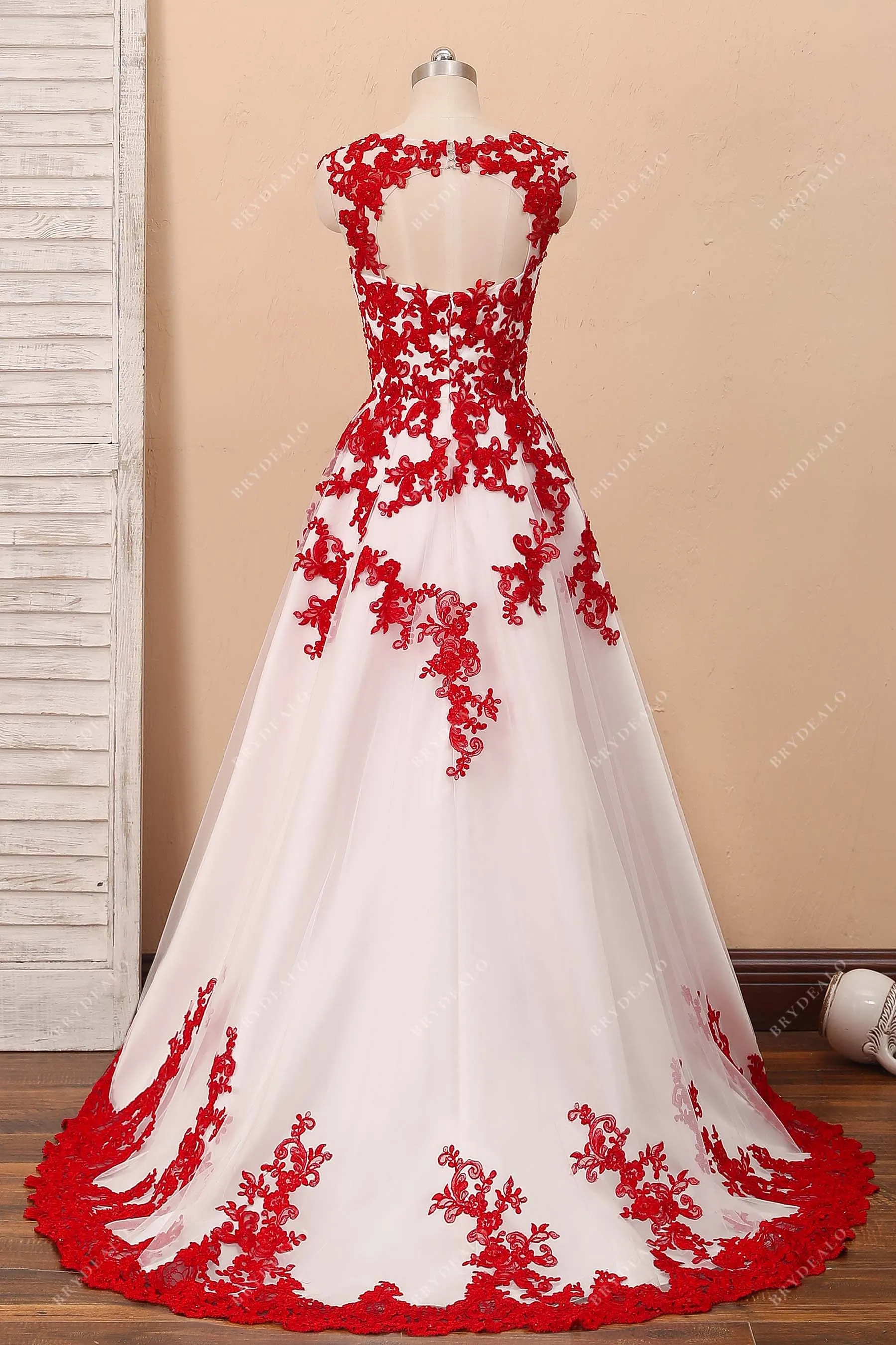 Fancy Red Lace White Satin V-neck Tank Sleeve Wedding Dress