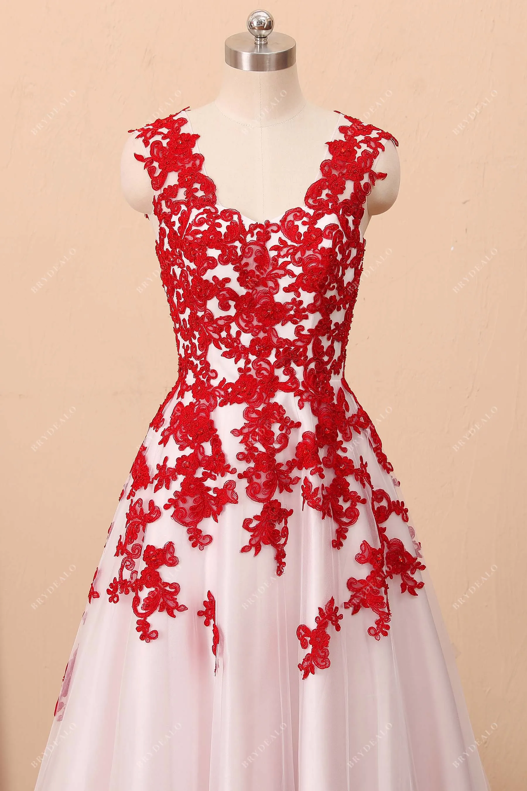 Fancy Red Lace White Satin V-neck Tank Sleeve Wedding Dress