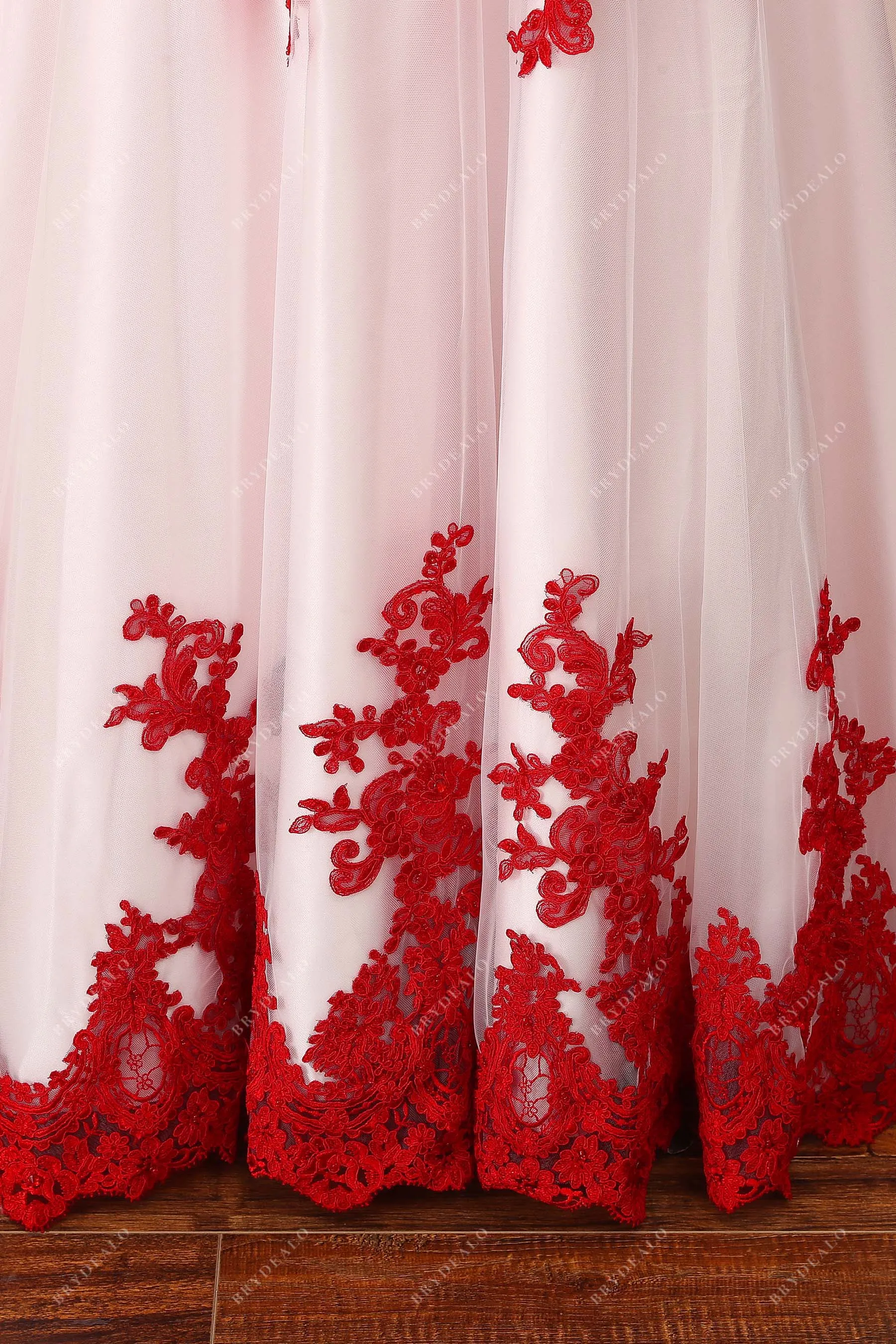 Fancy Red Lace White Satin V-neck Tank Sleeve Wedding Dress