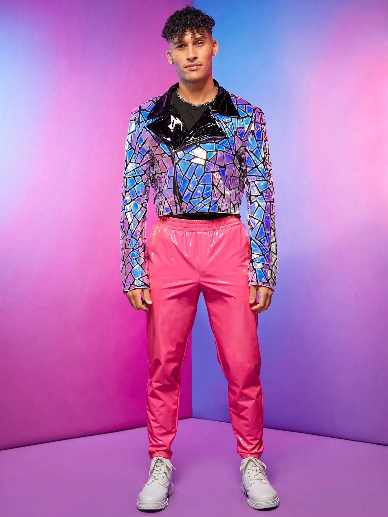 Fever City Men Holographic Geo Biker Jacket