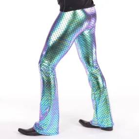 Fish Green Mermaid: Mens Holographic Green-Gold-Purple Merman Flared Pants - Aqua Merman Costume Flares