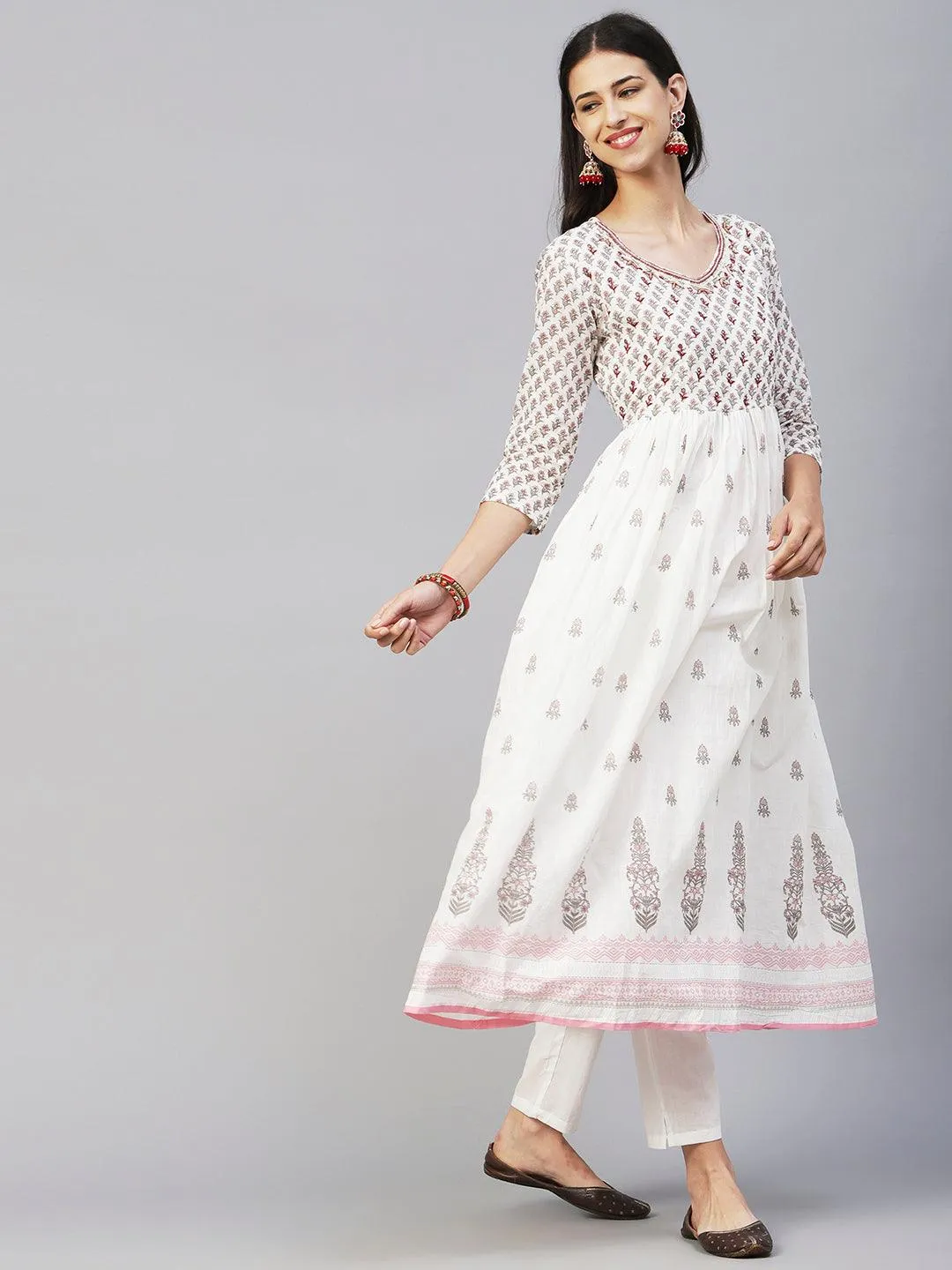 Floral Block Printed Mirror Embroidered Frock kurta with Pants & Dupatta - White & Pink