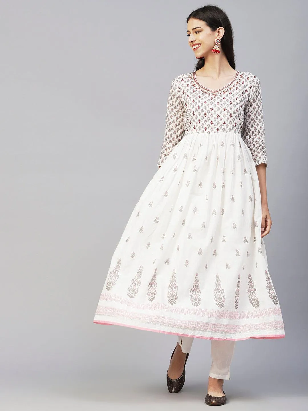 Floral Block Printed Mirror Embroidered Frock kurta with Pants & Dupatta - White & Pink