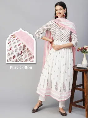 Floral Block Printed Mirror Embroidered Frock kurta with Pants & Dupatta - White & Pink