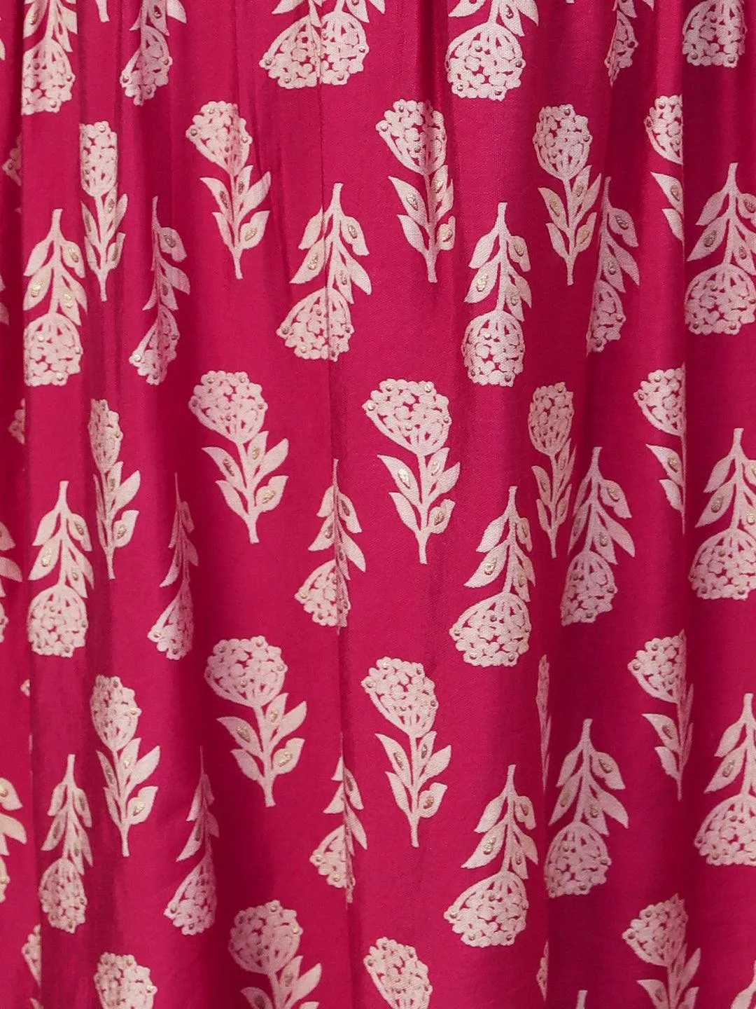 Floral Block Printed Resham Dori Embroidered Flared Kurta With Pants & Foil Printed Dupatta - Fuchsia