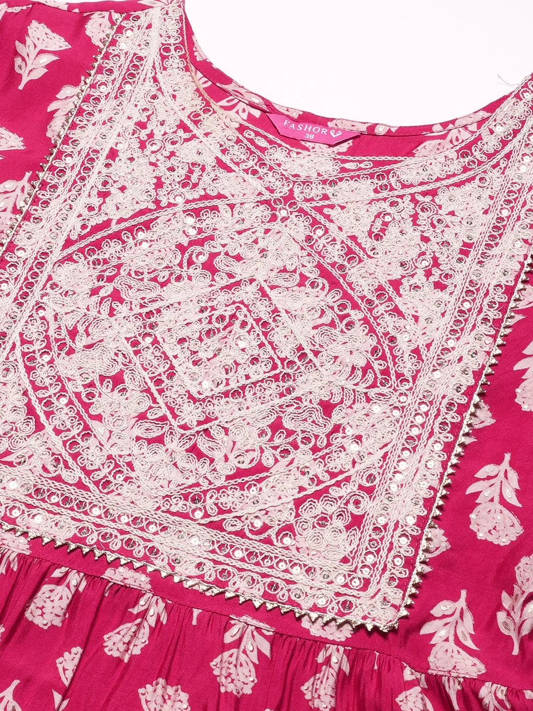 Floral Block Printed Resham Dori Embroidered Flared Kurta With Pants & Foil Printed Dupatta - Fuchsia