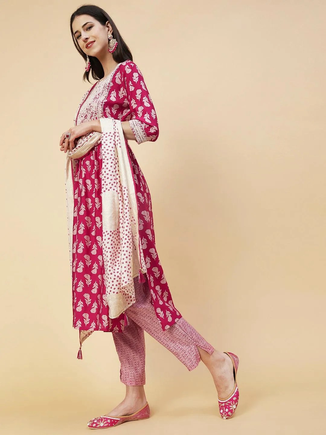 Floral Block Printed Resham Dori Embroidered Flared Kurta With Pants & Foil Printed Dupatta - Fuchsia