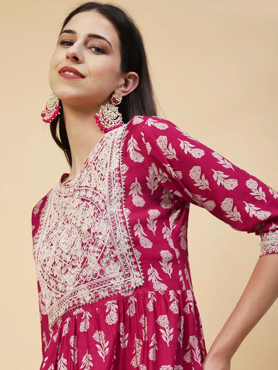 Floral Block Printed Resham Dori Embroidered Flared Kurta With Pants & Foil Printed Dupatta - Fuchsia