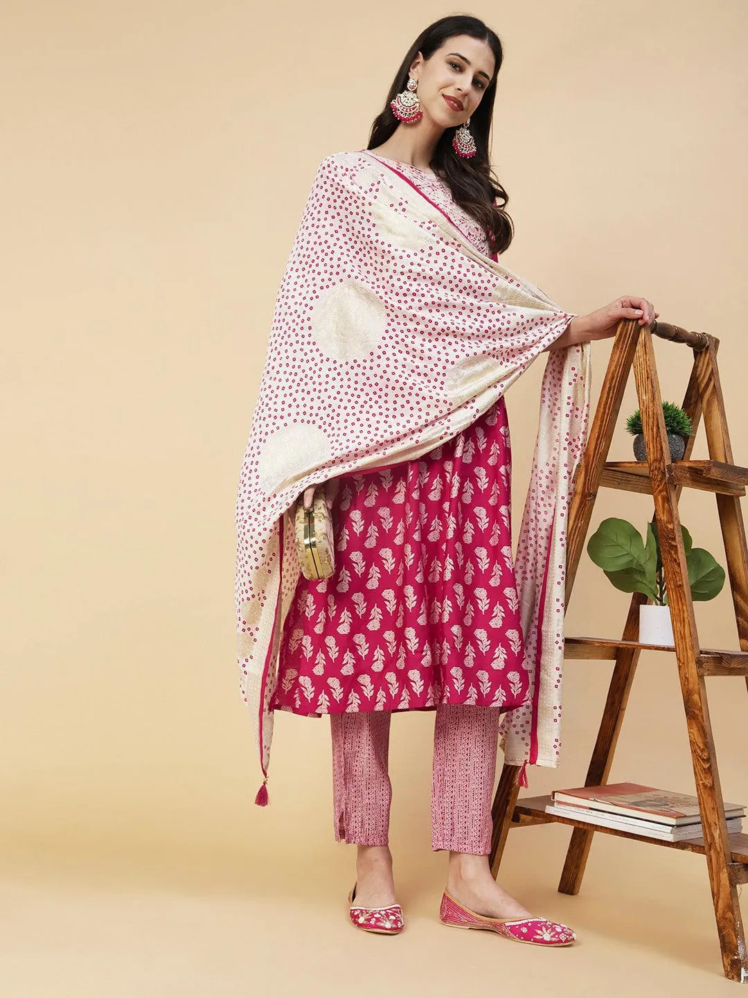 Floral Block Printed Resham Dori Embroidered Flared Kurta With Pants & Foil Printed Dupatta - Fuchsia