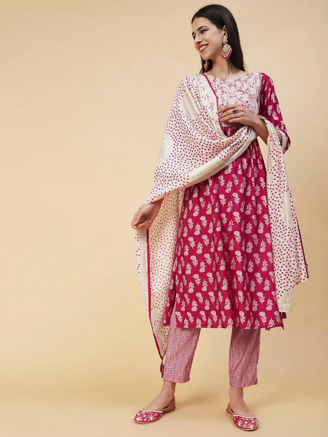 Floral Block Printed Resham Dori Embroidered Flared Kurta With Pants & Foil Printed Dupatta - Fuchsia