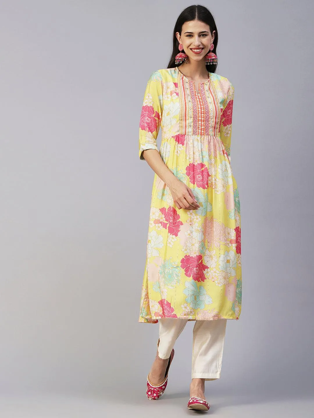 Floral Printed Lurex Striped Mirror & Zari Embroidered Kurta With Pants - Yellow & Multi