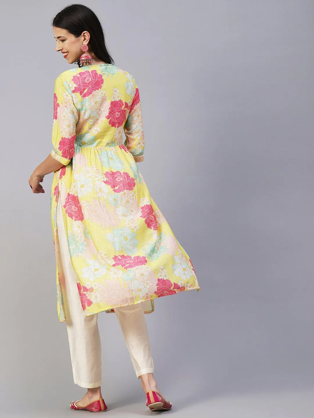 Floral Printed Lurex Striped Mirror & Zari Embroidered Kurta With Pants - Yellow & Multi