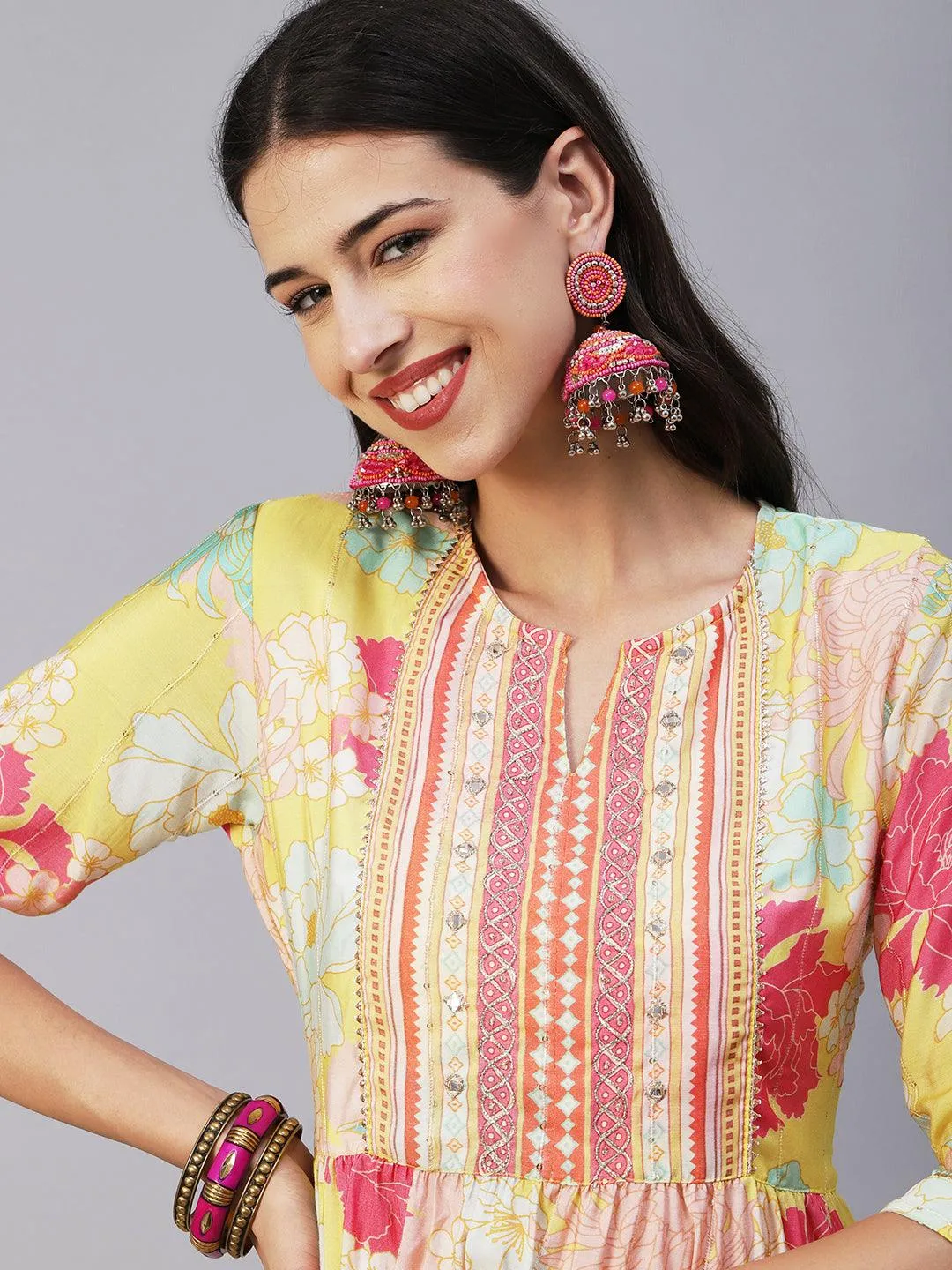 Floral Printed Lurex Striped Mirror & Zari Embroidered Kurta With Pants - Yellow & Multi