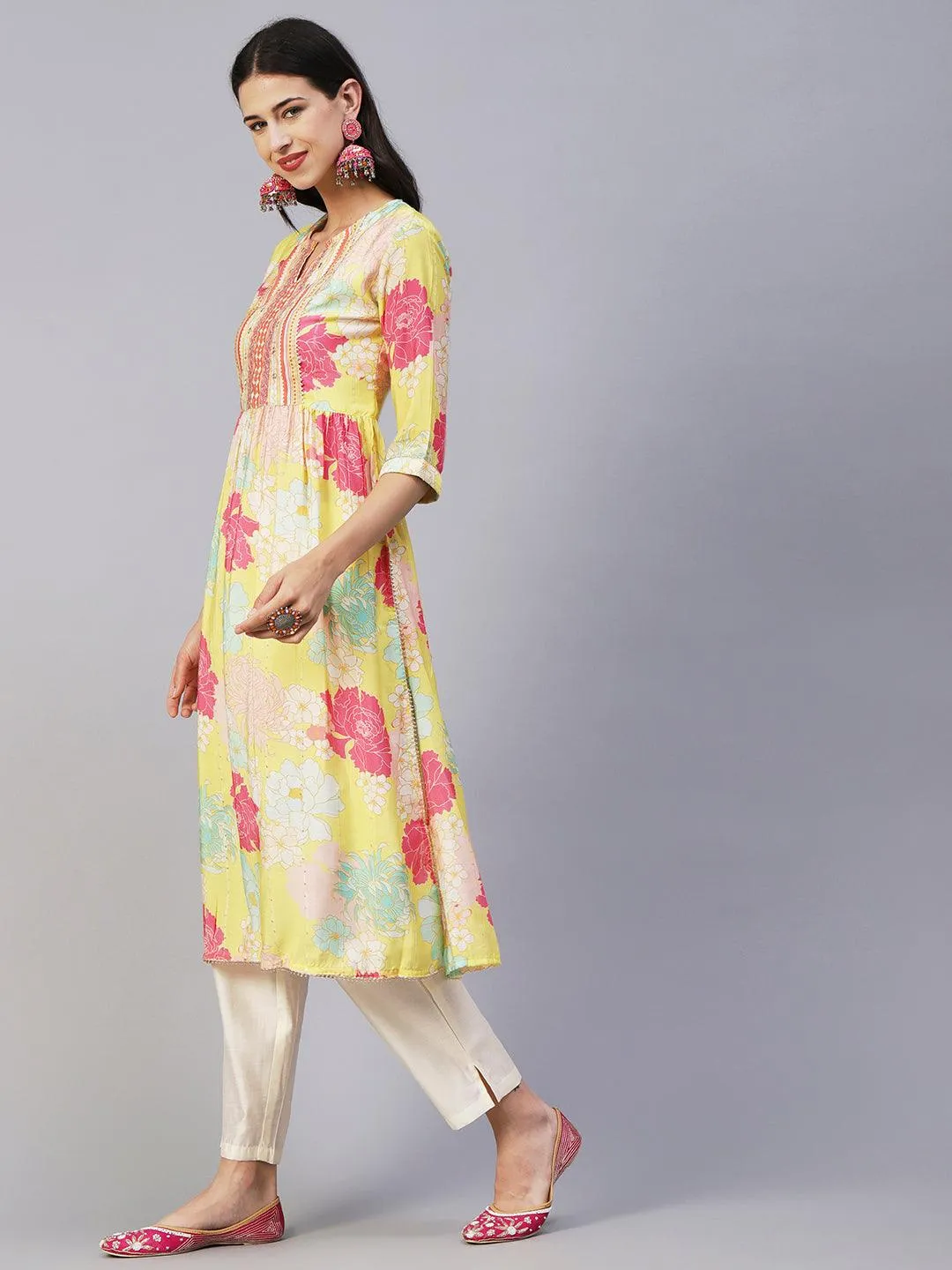 Floral Printed Lurex Striped Mirror & Zari Embroidered Kurta With Pants - Yellow & Multi