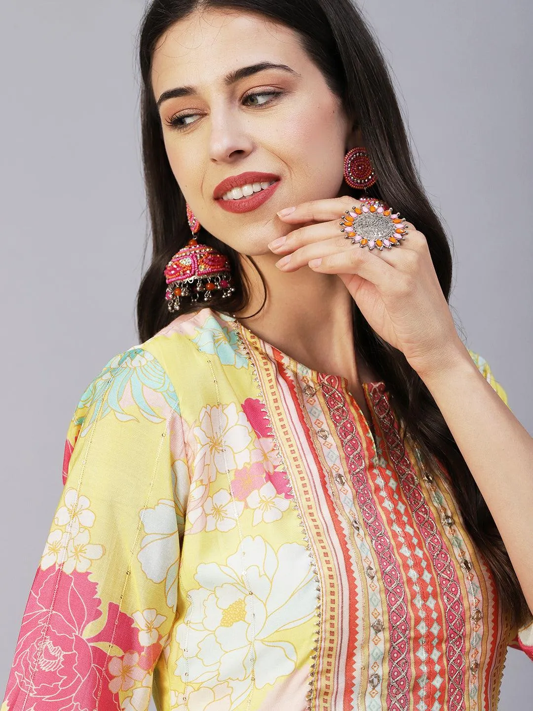 Floral Printed Lurex Striped Mirror & Zari Embroidered Kurta With Pants - Yellow & Multi