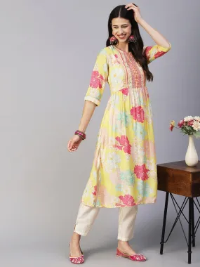 Floral Printed Lurex Striped Mirror & Zari Embroidered Kurta With Pants - Yellow & Multi