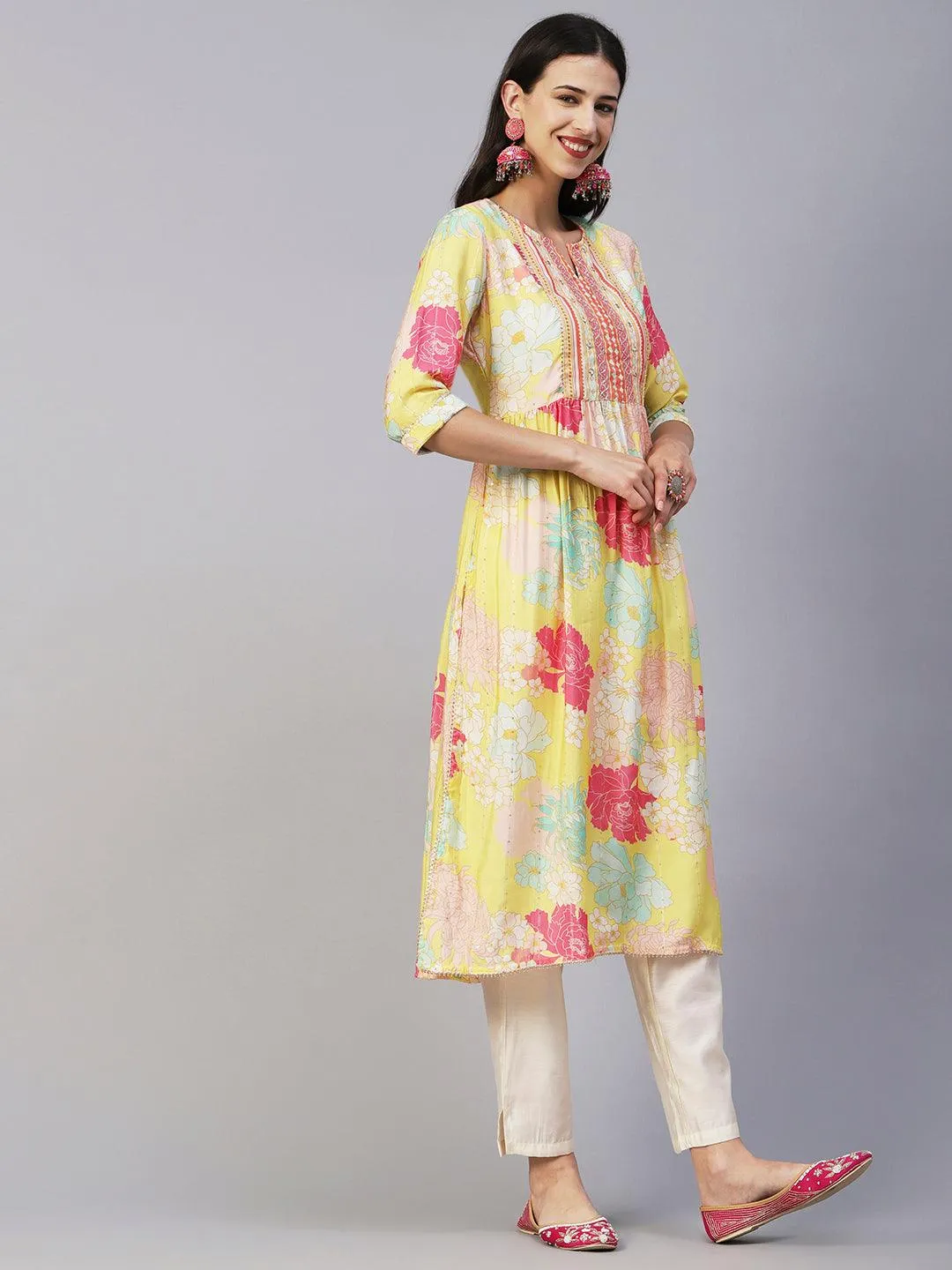 Floral Printed Lurex Striped Mirror & Zari Embroidered Kurta With Pants - Yellow & Multi